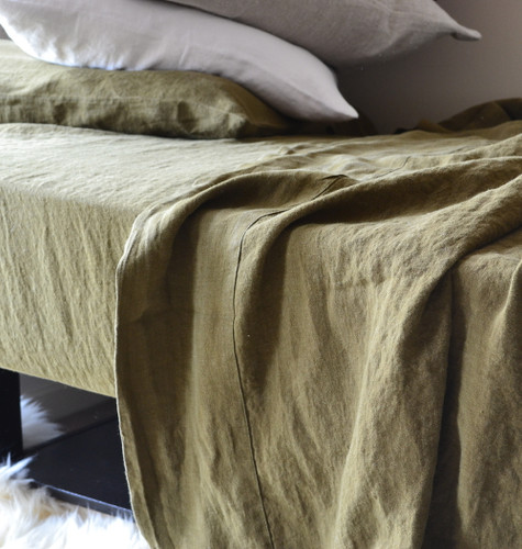 Olive green luxurious linen flat sheet