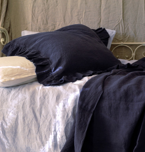 Frayed ruffle linen pillow case in Midnight blue