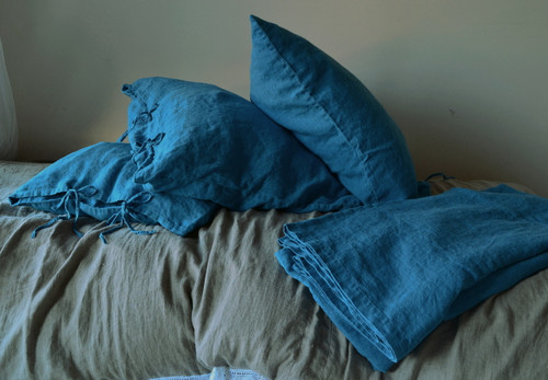 Dark Teal Rustic Heavy weight linen pillow case with ties
