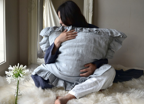 Light Grey Ruffled linen pillow case