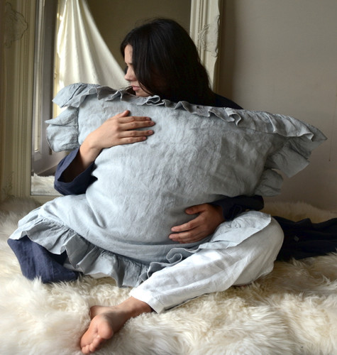 Light Grey Ruffled linen pillow case
