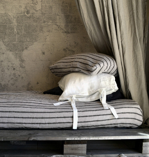 Fitted linen sheet. Vintage Black Ticking stripe linen.