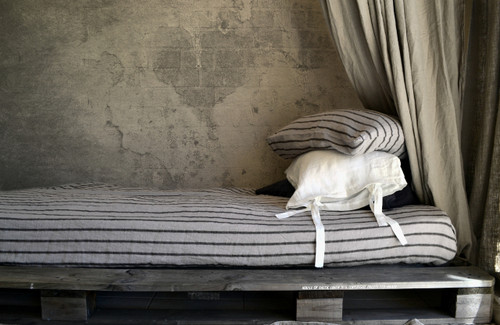 Fitted linen sheet. Vintage Black Ticking stripe linen.