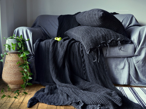 Waffle Linen Blanket, Peppercorn. Extra Heavy natural linen
