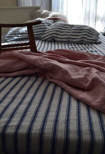 Antique French Navy Ticking Stonewashed linen fitted sheet