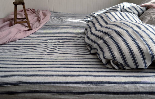 Antique French Navy Ticking Stonewashed linen fitted sheet