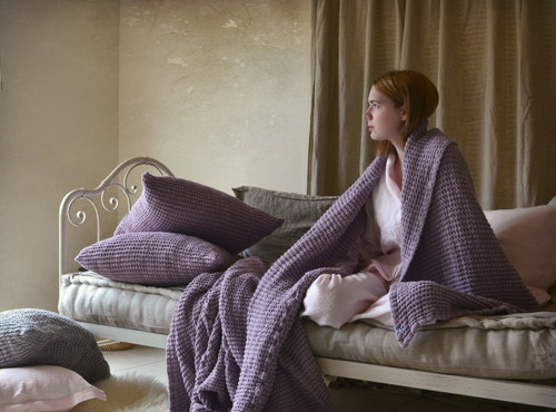 Waffle linen blanket, Lilac. Extra Heavy natural linen