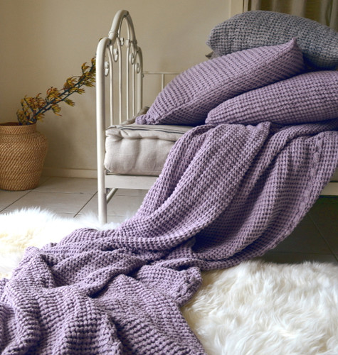 Waffle linen blanket, Lilac. Extra Heavy natural linen