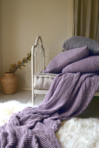 Waffle linen blanket, Lilac. Extra Heavy natural linen