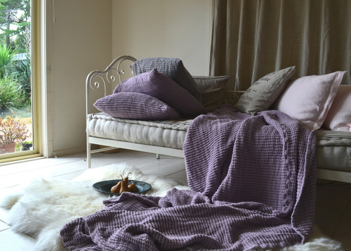 Waffle linen blanket, Lilac. Extra Heavy natural linen