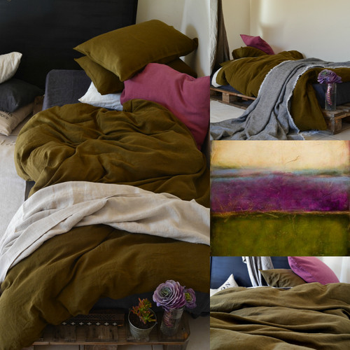 Olive green natural linen pillow case with ruffle