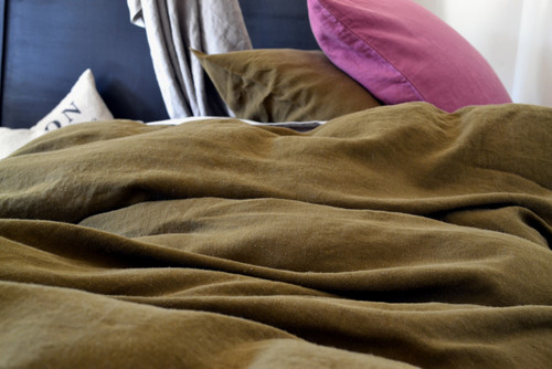 Olive green natural linen pillow case with ruffle