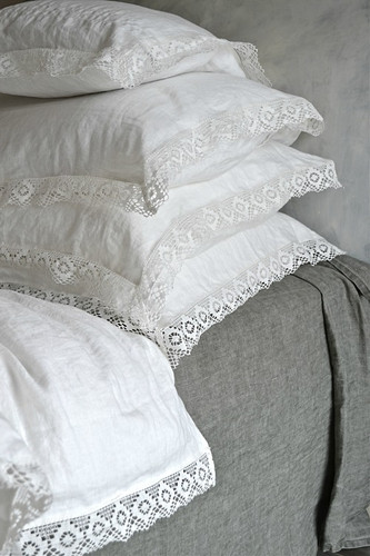 Antique white natural linen pillowcase with lace, Provincial Living bedding