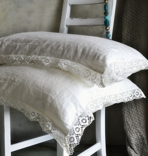 Antique white natural linen pillowcase with lace, Provincial Living bedding