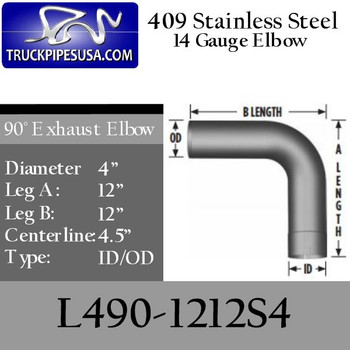 4" Exhaust Elbow 90 Degree 12" x 12" ID-OD 409 Stainless Steel L490-1212S4 4" Exhaust Elbow 90 Degree 12" x 12" ID-OD 409 Stainless Steel L490-1212S4