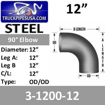 12" 90 Degree Exhaust Elbow 12" CLR, 12" Leg 3-1200-12 12" 90 Degree Exhaust Elbow 12" CLR, 12" Leg 3-1200-12