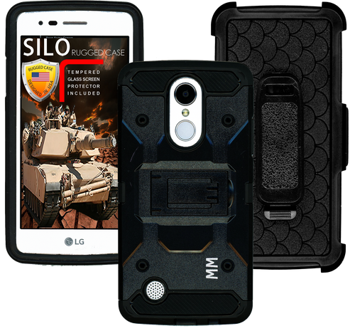 LG Aristo MM Silo Rugged Case Black(Full Covered Tempered Glass Included)