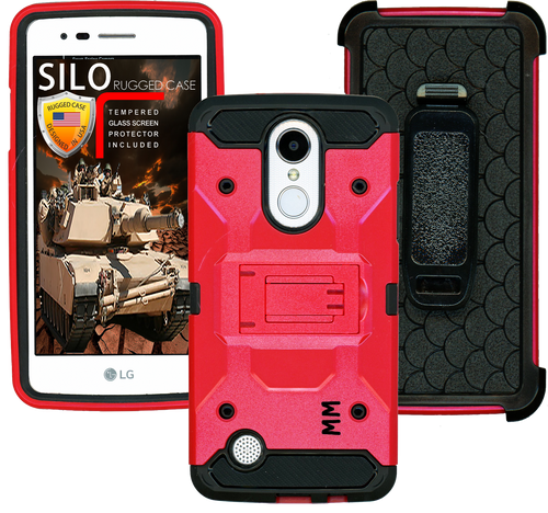 LG Aristo MM Silo Rugged Case Red(Full Covered Tempered Glass Included)