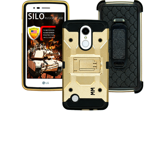 LG Aristo MM Silo Rugged Case Gold(Full Covered Tempered Glass Included)