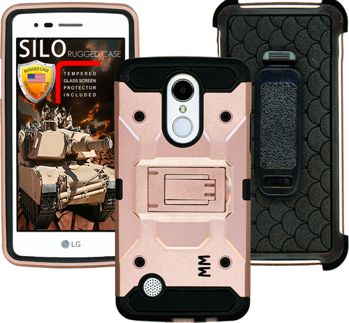 LG Aristo MM Silo Rugged Case Rose Gold(Full Covered Tempered Glass Included)