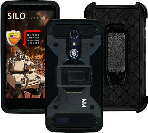 ZTE Zmax Pro MM Silo Rugged Case Black(Tempered Glass Included)