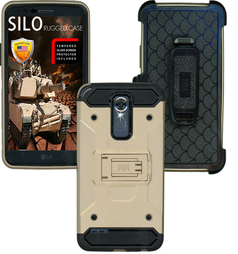 LG Stylo 3 MM Silo Rugged Case Gold(Tempered Glass Included)