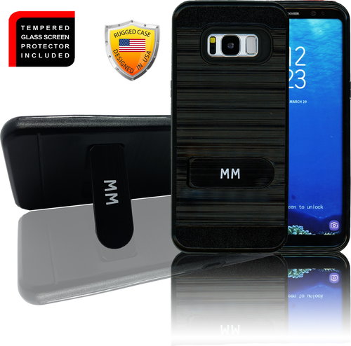 Samasung Galaxy S8 MM Opal Kickstand Case With Credit Card Black(Curved Tempered Glass Included)