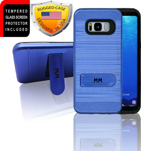 Samasung Galaxy S8 MM Opal Kickstand Case With Credit Card Blue(Curved Tempered Glass Included)