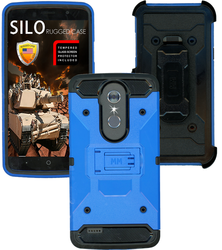 ZTE MAX XL MM Silo Rugged Case Blue(Full Covered Tempered Glass Included)