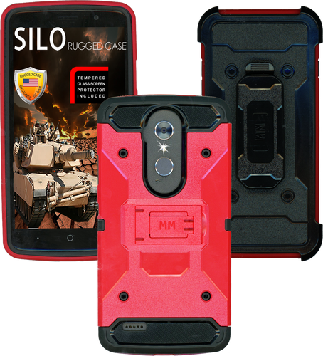 ZTE MAX XL MM Silo Rugged Case Red(Full Covered Tempered Glass Included)