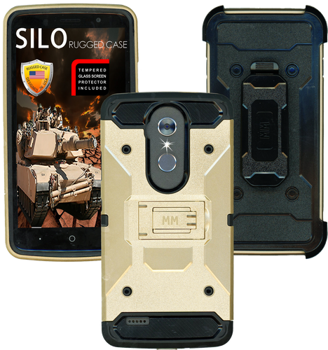 ZTE MAX XL MM Silo Rugged Case Gold(Full Covered Tempered Glass Included)