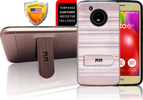 Motorola E4 MM Opal Kickstand Case With Credit Card Rose Gold(Tempered Glass Included)