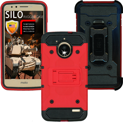 Motorola E4 MM Silo Rugged Case Red(Tempered Glass Included)