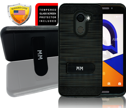 Alcatel A30 Fierce MM Opal Kickstand Case With Credit Card Black (Tempered Glass Included)