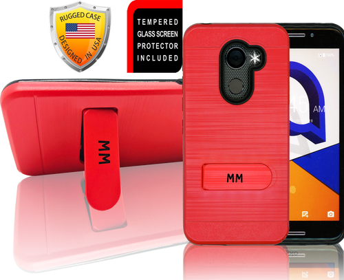 Alcatel A30 Fierce MM Opal Kickstand Case With Credit Card Red(Tempered Glass Included)