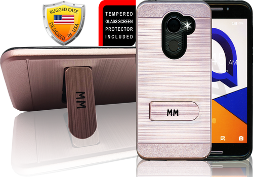 Alcatel A30 Fierce MM Opal Kickstand Case With Credit Card Rose Gold(Tempered Glass Included)