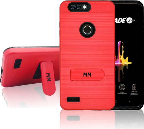 ZTE Blade MM Opal Kickstand Case With Credit Card Red(Full Covered Tempered Glass Included)