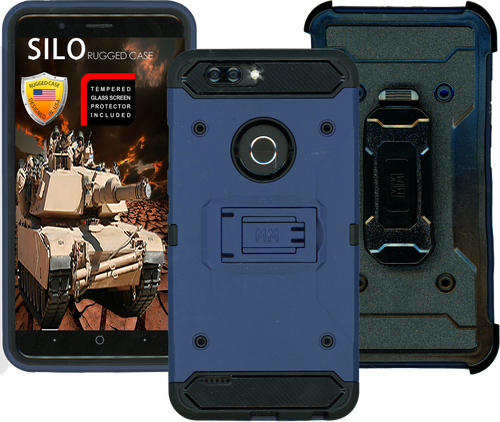 ZTE Blade MM Silo Rugged Case Navy Blue(Tempered Glass Included)