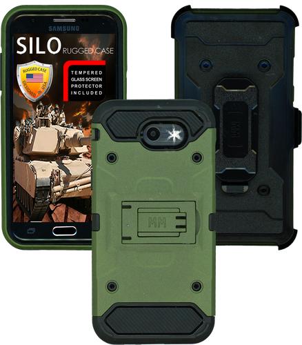 Samsung Galaxy J3 Emerge MM Silo Rugged Case Green(Tempered Glass Included)