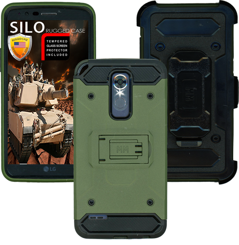 LG Stylo 3 MM Silo Rugged Case Green(Full Covered Tempered Glass Included)