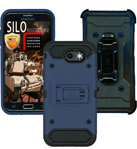 Samsung Galaxy J3 Emerge MM Silo Rugged Case DARK BLUE(Tempered Glass Included)