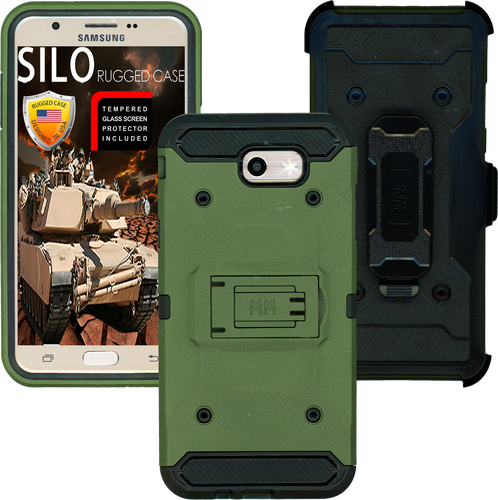 Samsung Galaxy J7(2017) MM Silo Rugged Case ARMY GREEN(Tempered Glass Included)