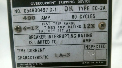 GE 0549D0497 G-1 400A 400 Amp Overcurrent Tripping Device 0549D0497G1 Type EC-2A (YY3893-2)