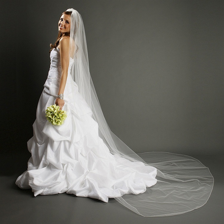 One Layer Dramatic Cathedral Length Wedding Veil with Pencil Edging