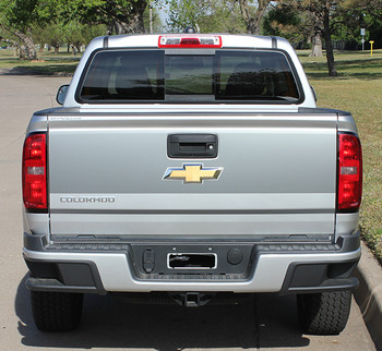 rear view of silver Chevy Colorado Rear Stickers GRAND TAILGATE stripes 2015-2018 | FCD Call Us 812-725-1410 rear view of silver Chevy Colorado Rear Stickers GRAND TAILGATE stripes 2015-2018 | FCD Call Us 812-725-1410