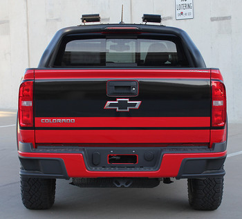 rear view of red Chevy Colorado Rear Stickers GRAND TAILGATE stripes 2015-2018 | FCD Call Us 812-725-1410 rear view of red Chevy Colorado Rear Stickers GRAND TAILGATE stripes 2015-2018 | FCD Call Us 812-725-1410