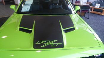 close up of hood Dodge Challenger Matte Black Hood Stripes CHALLENGE HOOD decals 3M FCD Call Us 812-725-1410 close up of hood Dodge Challenger Matte Black Hood Stripes CHALLENGE HOOD decals 3M FCD Call Us 812-725-1410