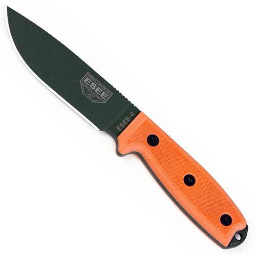 ESEE Knives ESEE4POD Orange Fixed Blade Knife, 1095 Carbon OD Green Blade