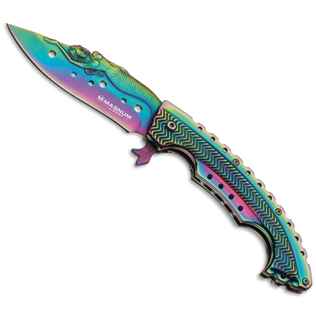 Boker Magnum Rainbow Mermaid Flipper Knife, Rainbow Blade