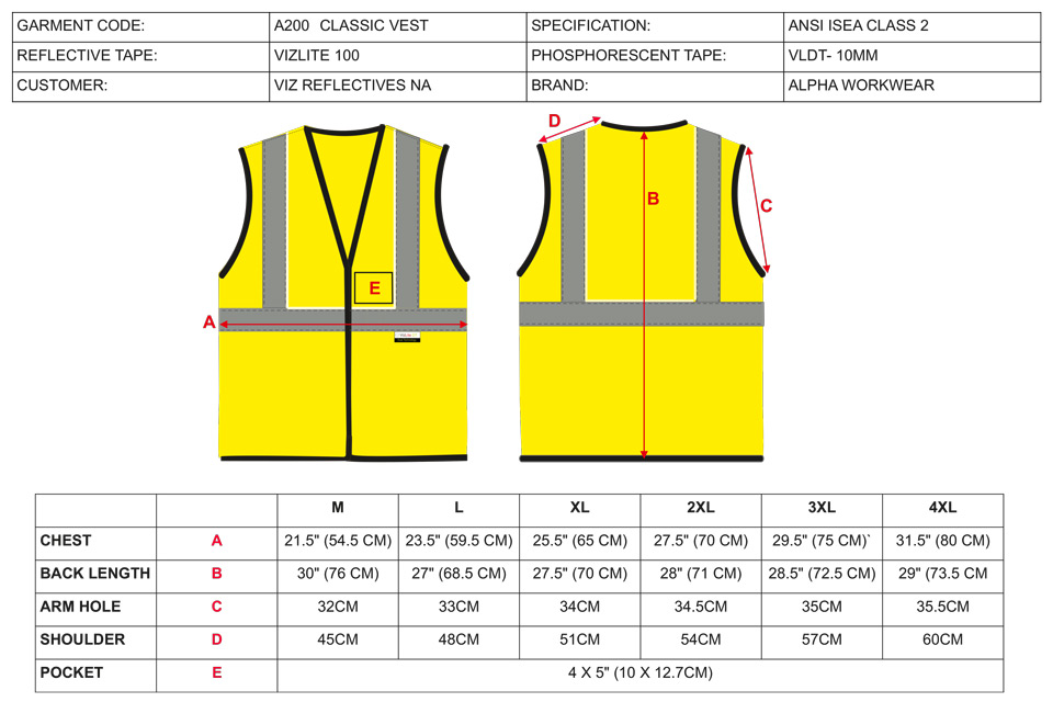 Mens Vest Size Chart